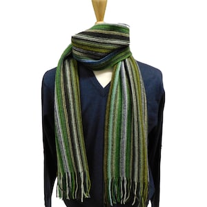 Lambswool Striped Scarf, Greens and Browns – Handcrafted in Scotland, Cosy Wool Winter Accessory, Ideal for Him or Her
