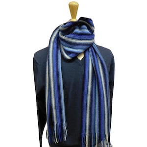 Lambswool Striped Scarf, Blues and Greys – Handcrafted in Scotland, Cosy Wool Winter Accessory, Ideal for Him or Her