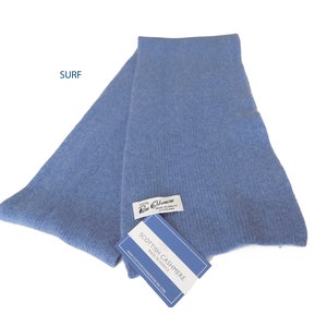 Pure Cashmere Scarf with a narrow rib Greys, Blues and Green Shades Handknitted by us in Hawick, Scotland Surf Blue