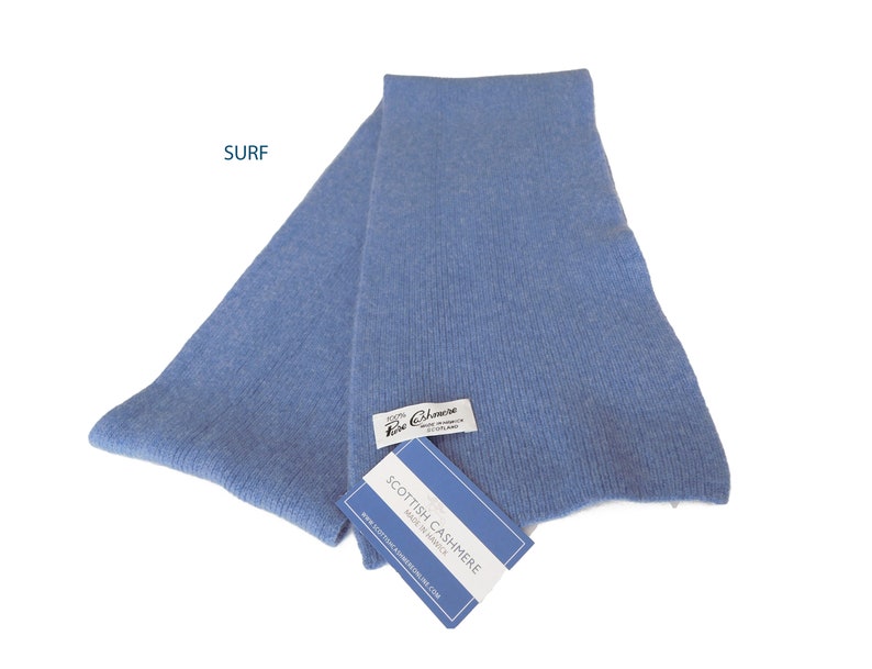 Pure Cashmere Scarf with a narrow rib Greys, Blues and Green Shades Handknitted by us in Hawick, Scotland Surf Blue