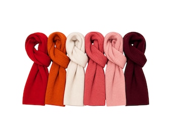 Pure Cashmere Knitted Scarf: Narrow Ribbed Knit Winter Accessory | Reds, PInks and Pastels | Handcrafted in Scotland