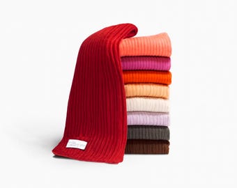 Handcrafted Scottish Cashmere Ribbed Scarf – Classic Knitted Winter Accessory : Reds, Pinks, Browns and Oranges