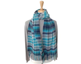 Pure Cashmere Small Check Scarf in Teal Mix - Handcrafted in Elgin, Scotland