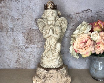 Praying Crowned Winged Angel Statue / Religious / Nursery Decor / Keepsake / Kneeling Angel