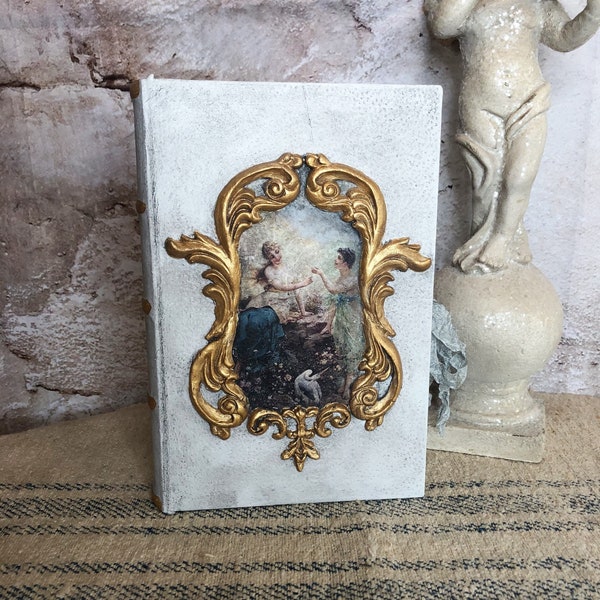 Decorated Wood Hollow Book Box With Decoupage Art Image / Gilded Book Box / Keepsake / Hideaway Storage