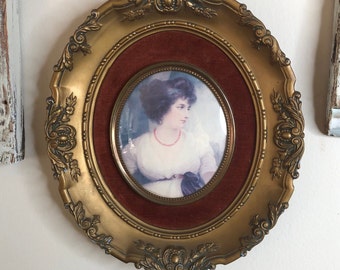 Vintage Oval Framed Cameo Print of Countess of Oxford by J. Hoppner / Contoured Glass / Wall Hanging