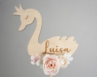 Schwan Cake Topper, Tortenstecher mit Name/Blumen, Kuchenstecker Geburtstag, Cake Topper Kindergeburtstag