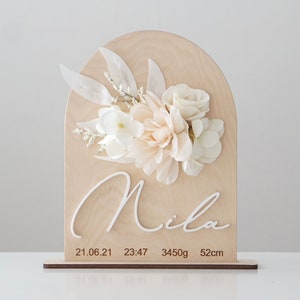 Regalo di nascita con date di nascita/battesimo/decorazione per la cameretta dei bambini personalizzata ragazza/cartello in legno per la cameretta dei bambini/decorazione floreale
