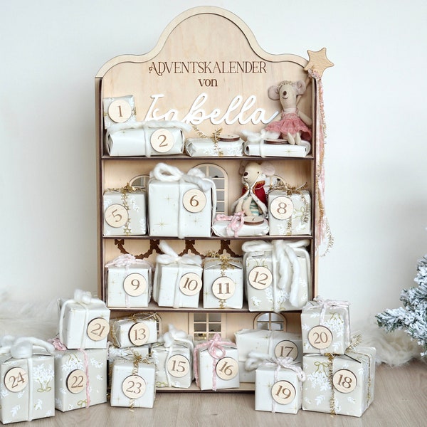 Personalisierter Holz Adventskalender Vintage Haus/mit Zahlen | DIY Adventskalender| Weihnachtsgeschenk| Adventskalender befühlen