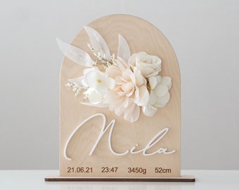 Cadeau de naissance avec dates de naissance/baptême/décoration chambre d'enfant fille personnalisée/panneau en bois pour chambre d'enfant/décoration florale