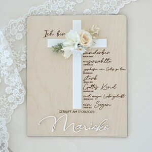 Regalo de bautismo personalizado, regalo de bautismo, cruz de bautismo ahijado/comunión/placa de confirmación con nombre/flores