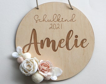 Étiquette nominative d’écolier, idée de cadeau d’inscription à l’école avec nom / fleurs, panneau en bois de décoration de cartable