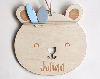 Wooden Sign for Boys/ Nursery/ Indian Bear Sign with Name/ Personalized Decoration Nursery