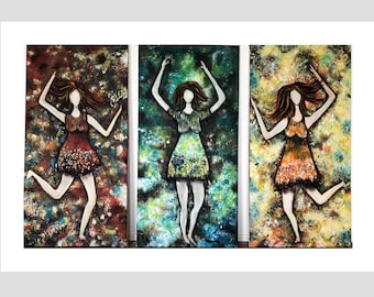 May include: A triptych of three vertical paintings featuring stylised figures with brown hair in dresses. The left panel has a red background, the centre panel is green, and the right panel is yellow. Each figure is depicted in a dynamic pose.