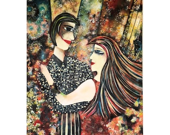 May include: A painting depicting two figures in profile facing each other. One figure wears a black and white checkered shirt and striped trousers. The other figure has long, multi-coloured hair. The background features a textured, abstract pattern.