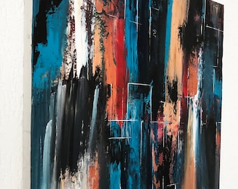 May include: An abstract painting on a square canvas featuring vertical brushstrokes in shades of deep blue, black, burnt orange, and white. The composition includes thin, sharp white lines layered over the textured paint, with a signature in the corner.