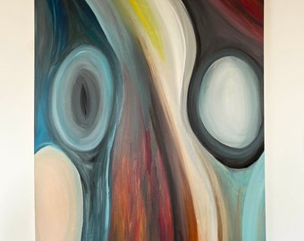 May include: An abstract painting on canvas featuring fluid, organic shapes in shades of blue, grey, cream, and deep red. The composition includes two prominent oval forms set against sweeping, curved lines that create a sense of movement and depth.