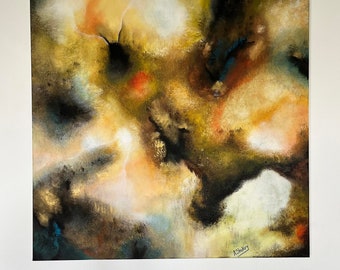 May include: A square abstract painting featuring a blend of gold, black, white, and earthy brown tones. The composition displays layered textures with soft, blended transitions and sharp dark accents. The artist signature A.Shukry is in the bottom right.