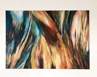 May include: An abstract painting on canvas featuring dynamic, sweeping brushstrokes in shades of deep teal, warm amber, burnt orange, and creamy white. The composition displays a sense of motion with blended colours and vertical textures throughout.