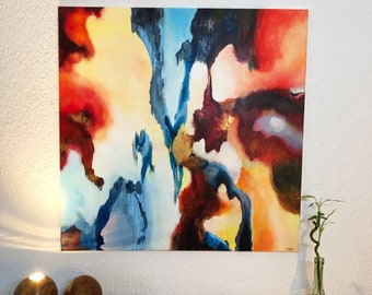 May include: A square abstract painting featuring a vibrant blend of colours including deep red, bright orange, soft yellow, and dark blue. The composition displays fluid, organic shapes and blended gradients that create a sense of movement across the canvas.