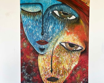 May include: An oil painting on canvas featuring two overlapping faces. The upper face is blue with long eyelashes and red lips, while the lower face is yellow and orange with brown eyes. The background is a textured mix of deep red and brown tones.