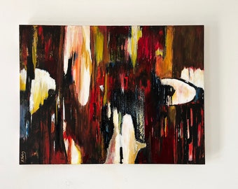 May include: An abstract painting on a rectangular canvas featuring vertical brushstrokes in deep red, dark brown, black, and cream. The composition displays layered textures with contrasting light and dark tones, and a signature is visible in the bottom left corner.