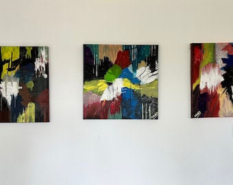 May include: A set of three square canvas paintings featuring abstract compositions with thick, textured brushstrokes in vibrant shades of lime green, deep red, navy blue, black, and white, each signed by the artist in the bottom corner.