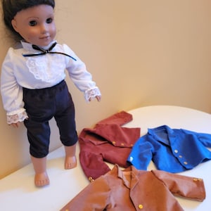 18&quot; doll costume,Nutcracker boy (Hans/Fritz)party scene,corduroy jacket(choice of 3 colors),frilly shirt w black ribbon tie,black knee pants