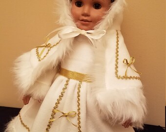 18 inch doll,snow angel (costume only) as in Nutcracker Ballet,dress w/ hooded cape,faux fur muff and edging,ribbon ties,gold metallic trim