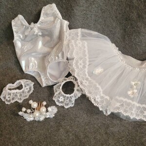 May include: A silver leotard, white tutu, lace wrist cuffs, and a pearl-adorned hair comb are displayed on a gray surface. The leotard has a bow detail. The tutu features lace trim and floral accents. The accessories are delicate and feminine.