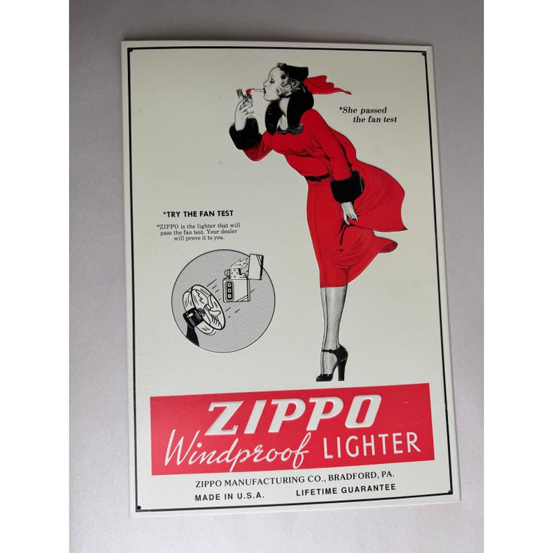 Vintage Zippo Windproof Lighter Metal Tin Sign Windy Girl Fan Test Advertising image 1