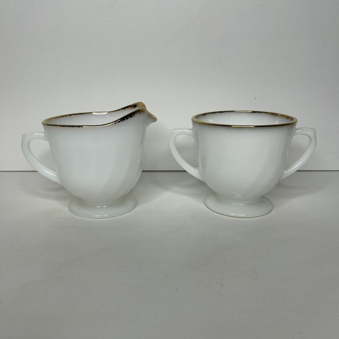 Vintage Fire King Creamer & Sugar Bowl White Swirl Gold Rim Oven Ware