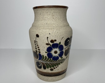 Vintage Tonala Mexico Pottery Vase Hand Painted Blue Flower Butterfly