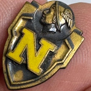 May include: A shield-shaped metal pin featuring a prominent yellow letter N in the center. Above the letter, a raised gold-toned profile of a figure wearing a winged helmet is set against a dark, recessed background with a metallic gold border.