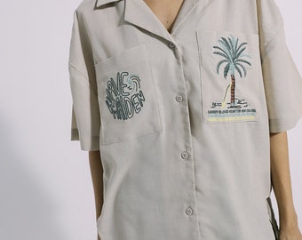 Palme bestickte Bluse Minimalist Beachy Button Up Shirt Küsten Safari Style Top Ästhetische Resort Wear Besticktes Pocket Top