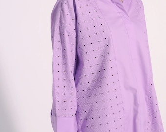 Lavendel Baumwolle Lochmuster Frauen Oversized lila Baumwollbluse mit Stickerei Lila Lochstickerei Button-Down-Shirt Sommer
