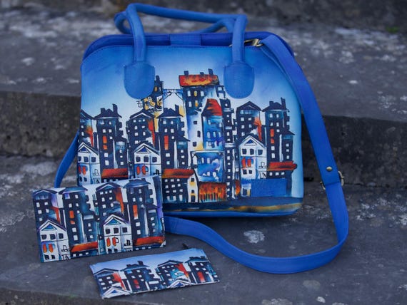 Hand Painted Leather Wallet & Bag For Women Urban Style Organic Tanned Leather Gift For Wife, Mother, Girlfriend, Daughter Unique Tote Bag