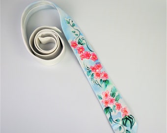 Corbata de seda pintada a mano para hombre, corbata estrecha floral, regalo único para el novio, accesorio artístico floral para hombre, corbata de seda personalizada azul y rosa.