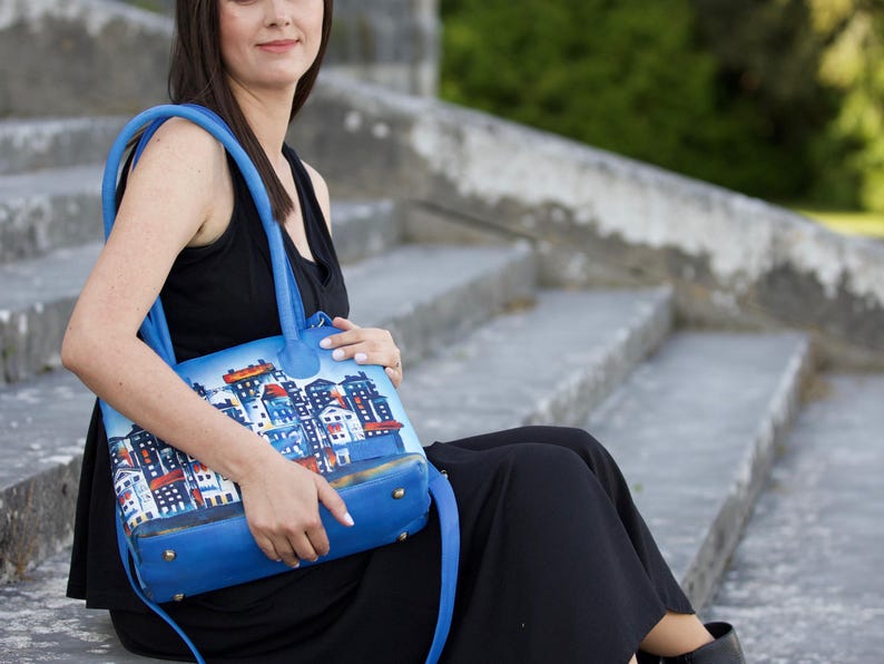 Hand Painted Leather Wallet & Bag For Women Urban Style Organic Tanned Leather Gift For Wife, Mother, Girlfriend, Daughter Unique Tote Bag image 2