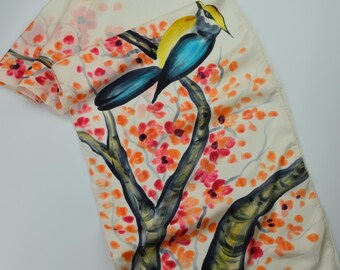Hand Painted Silk Scarf Blue Bird Design Pure Silk Shawl Nature Lover Gift for Her, Spring Garden Wearable Art Gift For Mother In Law