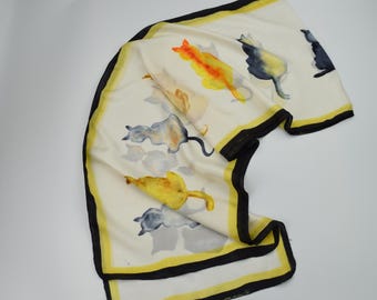 Hand-Painted Cats Pure Silk Scarf, Women's Colorful Scarf