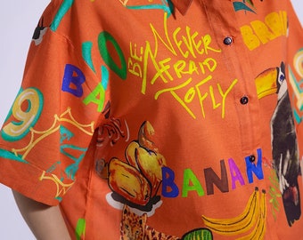 Graffiti-Print-Button-Up-Shirt Maximalist Streetwear Handgezeichnetes Grafik-Camp-Shirt Künstlerische Doodle-Print-Bluse Eklektisches Streetwear-Shirt