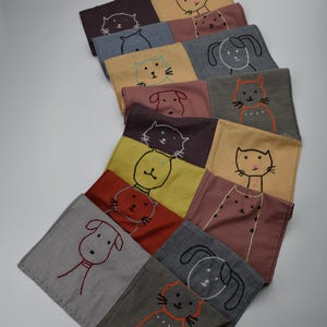Hand Embroidered Cotton Scarf, Patchwork Animal Scarf, Cat and Dog Embroidered Wrap, Colorful Animal Lover Gift, Folk Art Cotton Necktie