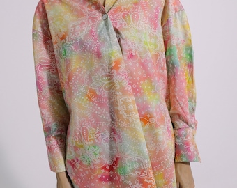 Farbenfrohes Paisley-Tie-Dye-Shirt aus Baumwolle, übergroße Bluse mit Aquarelldruck, lebendige Paisley-Knopfhose, mehrfarbiges Boho-Baumwollhemd
