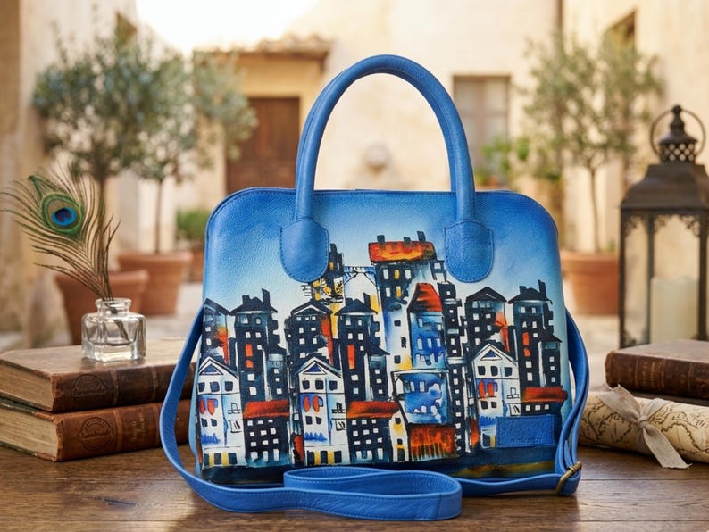 Hand Painted Leather Wallet & Bag For Women Urban Style Organic Tanned Leather Gift For Wife, Mother, Girlfriend, Daughter Unique Tote Bag image 9