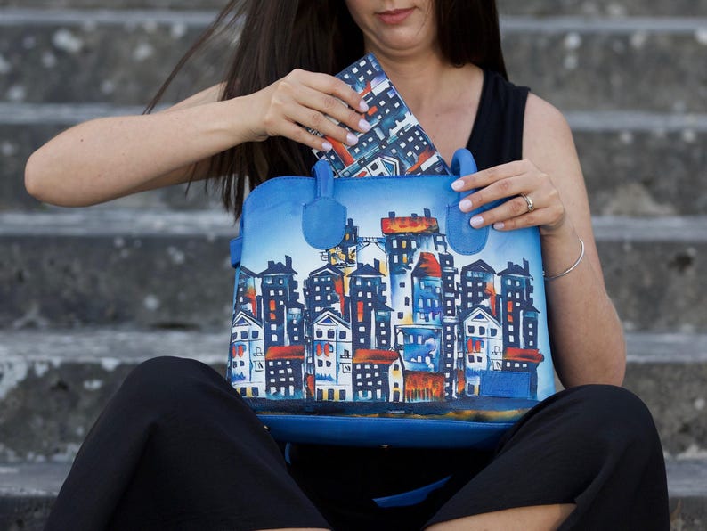 Hand Painted Leather Wallet & Bag For Women Urban Style Organic Tanned Leather Gift For Wife, Mother, Girlfriend, Daughter Unique Tote Bag image 6