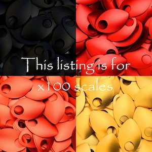 May include: A close-up image of 100 scales. The scales are in three colors: black, red, and gold. The text "This listing is for x 100 scales" is visible in the center of the image.