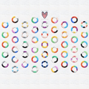 May include: A white background with 64 colorful woven rings arranged in a grid pattern. Each ring is made of different colored yarn and is about 1 inch in diameter.