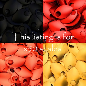 May include: A close-up image of 50 scales for crafting. The scales are in three colors: black, red, and gold. The image text reads "This listing is for x50 scales".