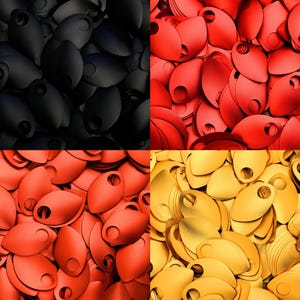 May include: A close-up image of four piles of metal scales. The scales are in four different colors: black, red, orange, and gold.